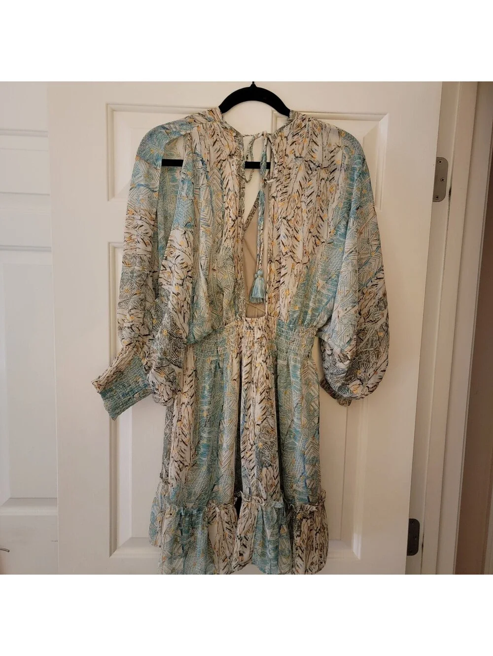 Lovestitch Boho Mini Dress Open Back Gold Foil Split Sleeve Smocked Blue M